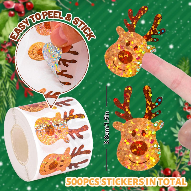 Whaline Christmas Deer Stickers Roll Laser Seal Stickers Cartoon Reindeer Waterproof Self-Adhesive Decals for Envelope Journal Decor Xmas Winter Holiday, 500 Pcs - Image 2